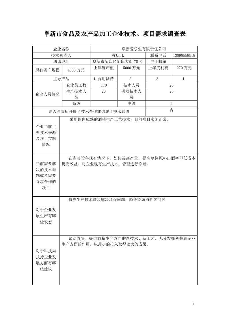 《阜新市食品及农产品加工企业技术、项目需求调查表》