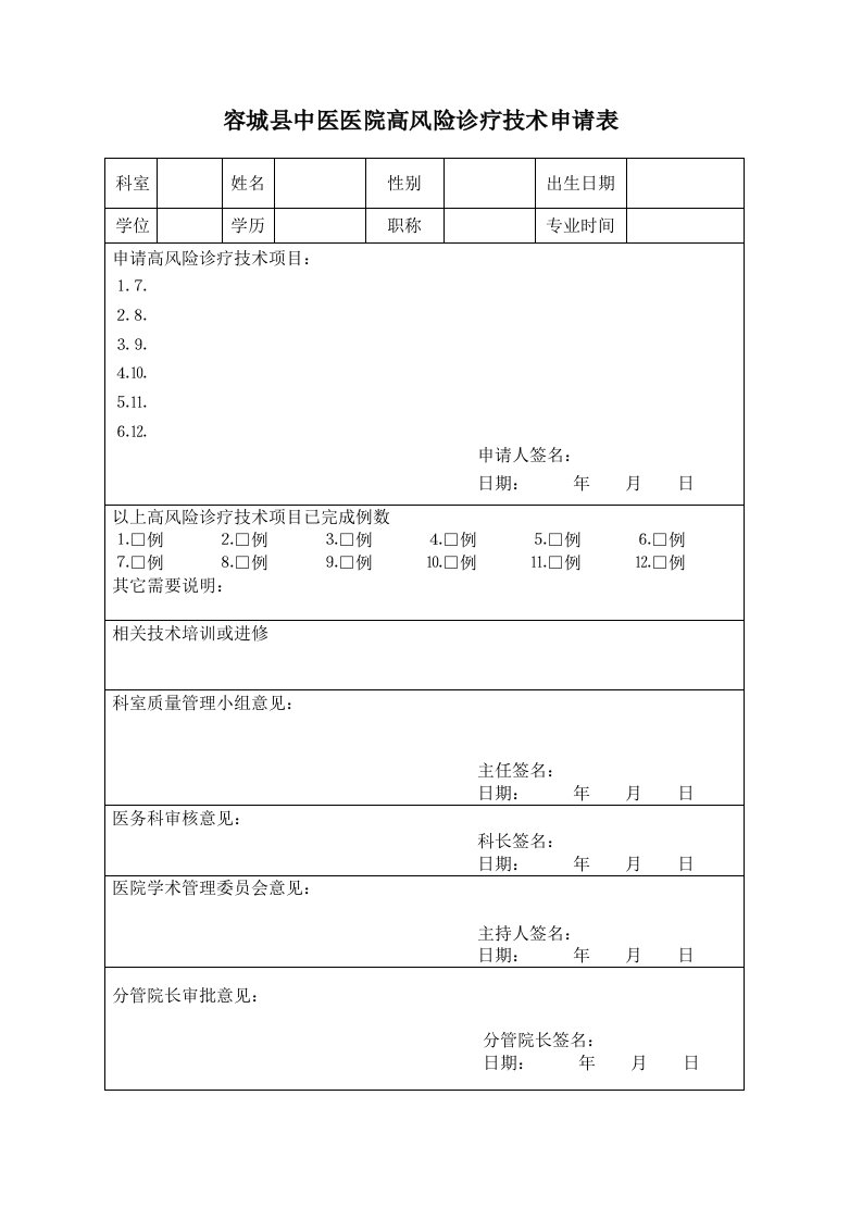 高风险诊疗技术申请表