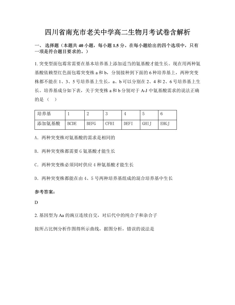 四川省南充市老关中学高二生物月考试卷含解析