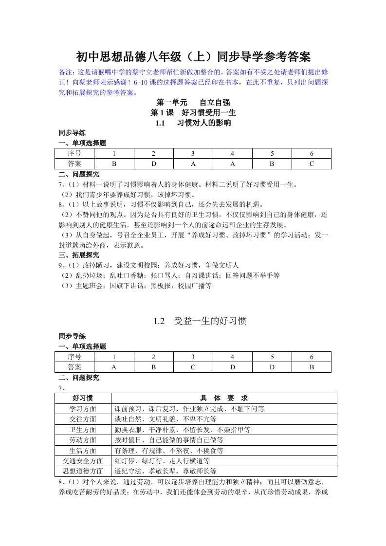 初中思想品德八级上同步导学参考答案