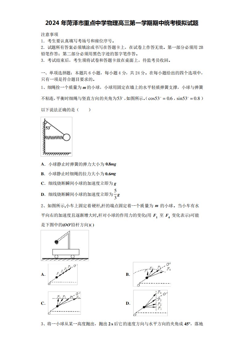 2024年菏泽市重点中学物理高三第一学期期中统考模拟试题含解析