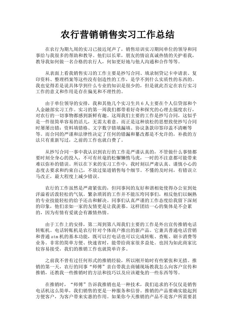 农行营销销售实习工作总结