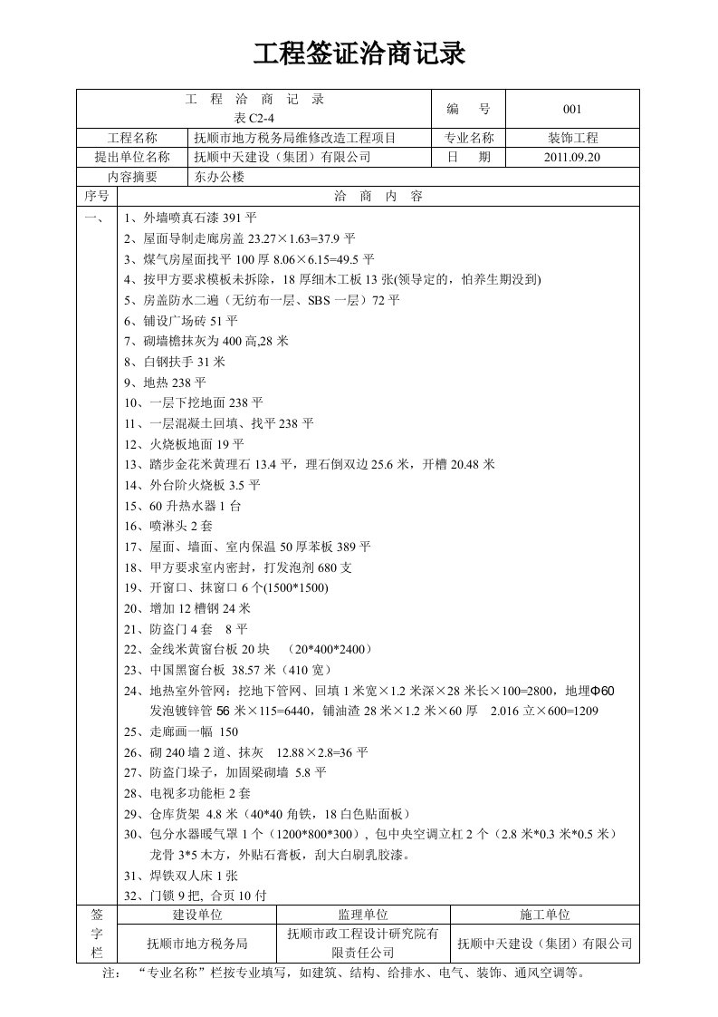 工程项目签证洽商记录改