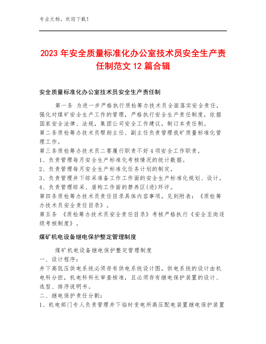 2023年安全质量标准化办公室技术员安全生产责任制范文12篇合辑