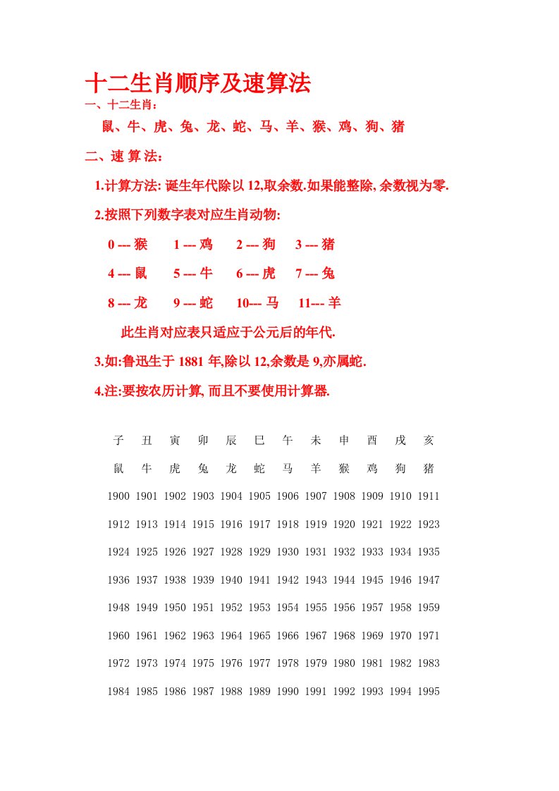 十二生肖、天干地支顺序及速算法