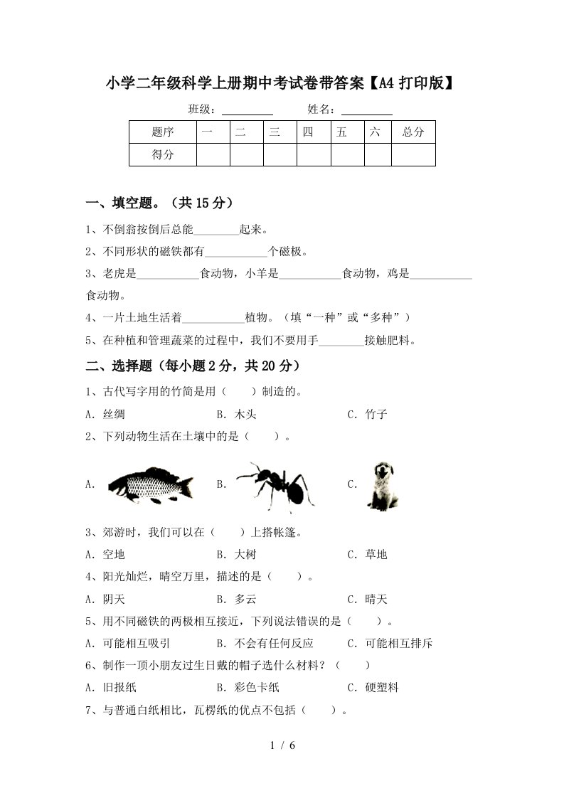 小学二年级科学上册期中考试卷带答案【a4打印版】