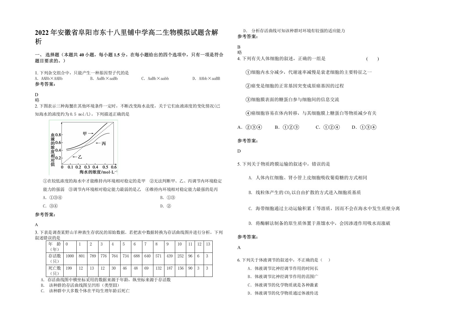 2022年安徽省阜阳市东十八里铺中学高二生物模拟试题含解析