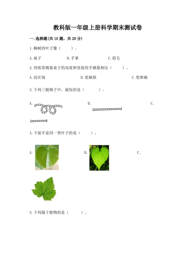 教科版一年级上册科学期末测试卷及完整答案【各地真题】