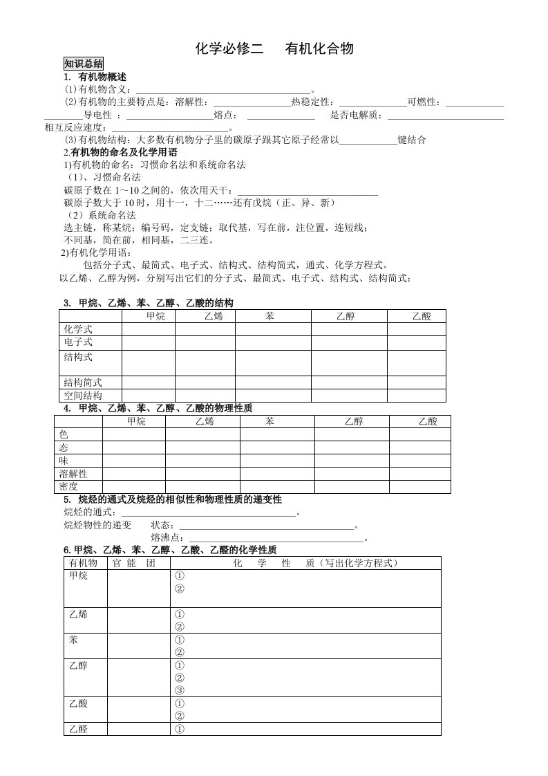 高一化学必修2-有机化合物-复习-知识点-配套题讲解