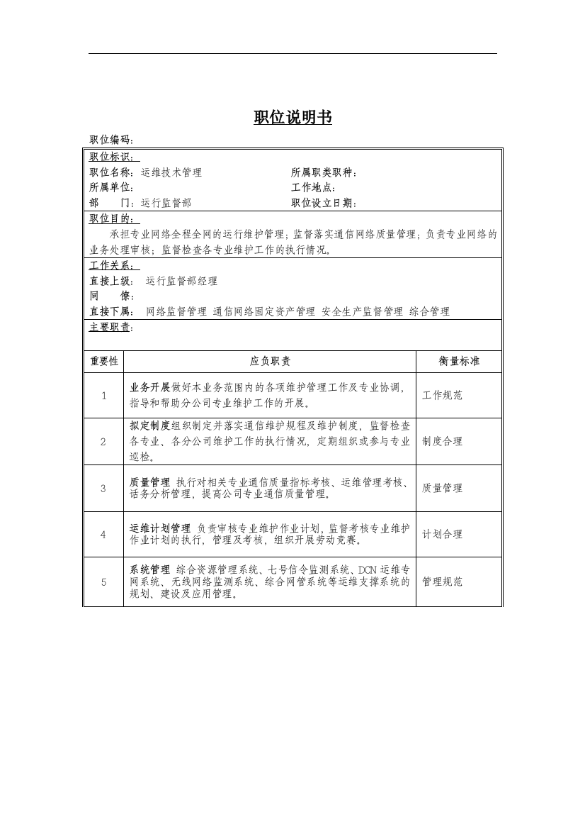 运维技术管理岗位说明书