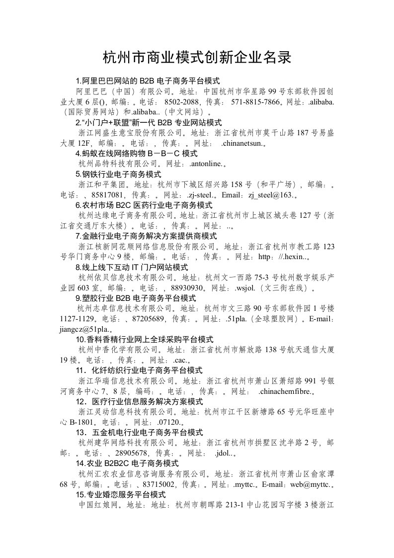 商业模式-杭州市商业模式创新企业名录