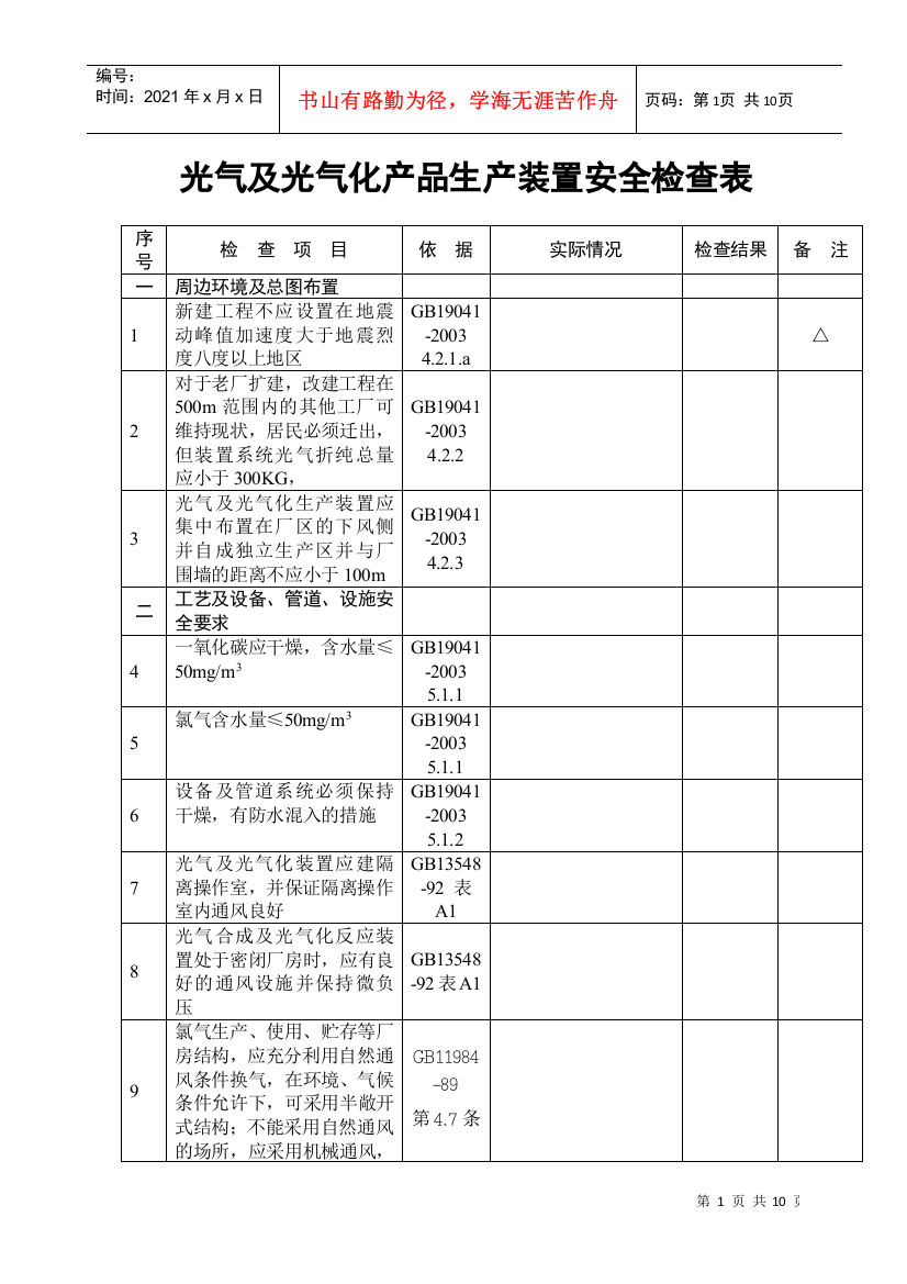 光气及光气化产品生产装置安全检查表