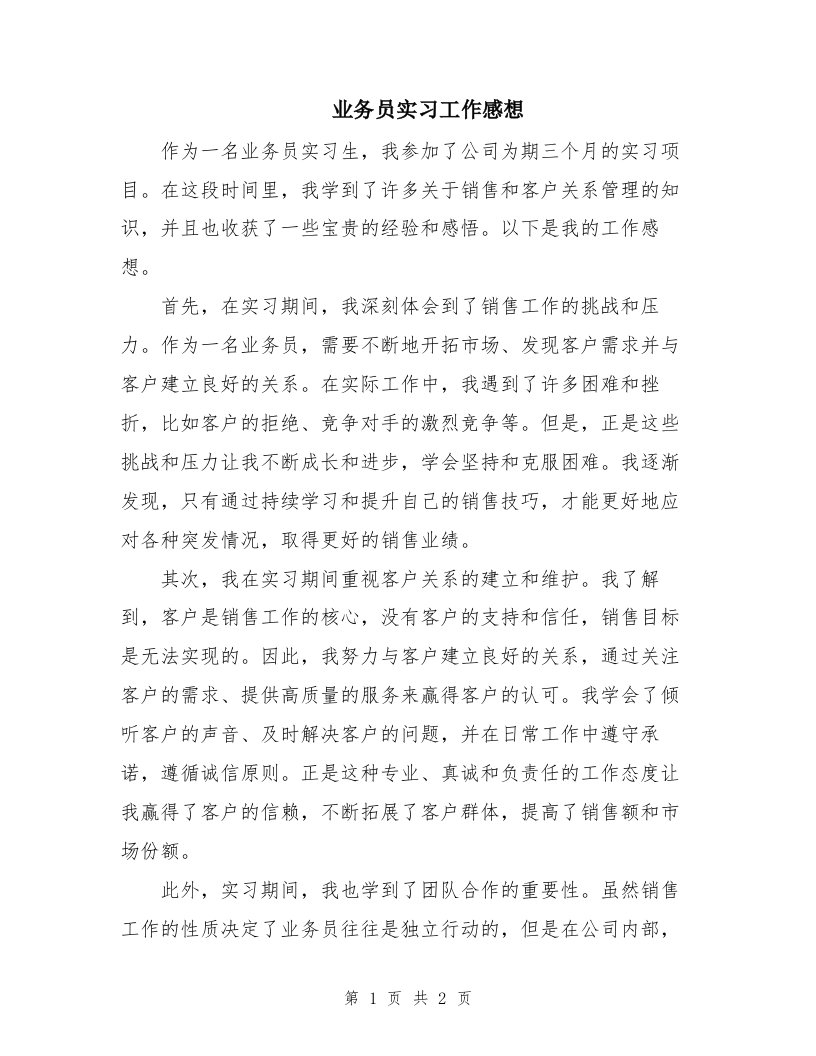 业务员实习工作感想