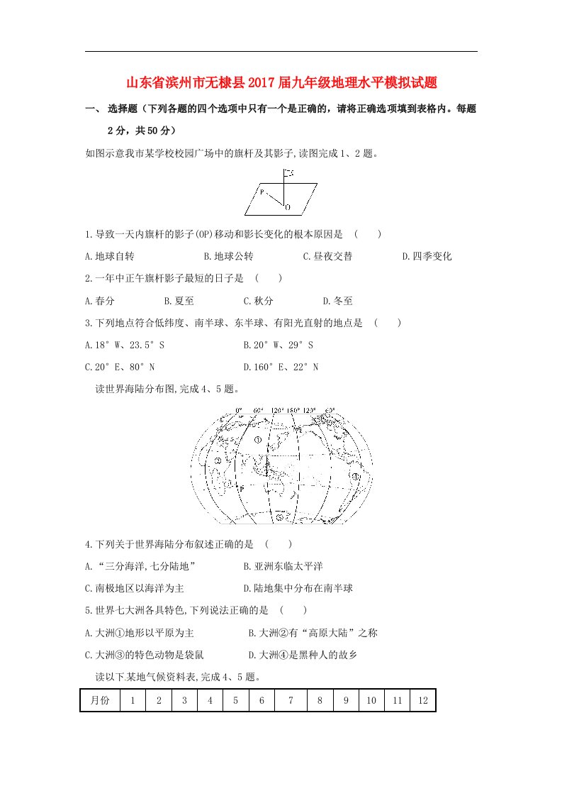 山东省滨州市无棣县2017届九年级地理水平模拟试题