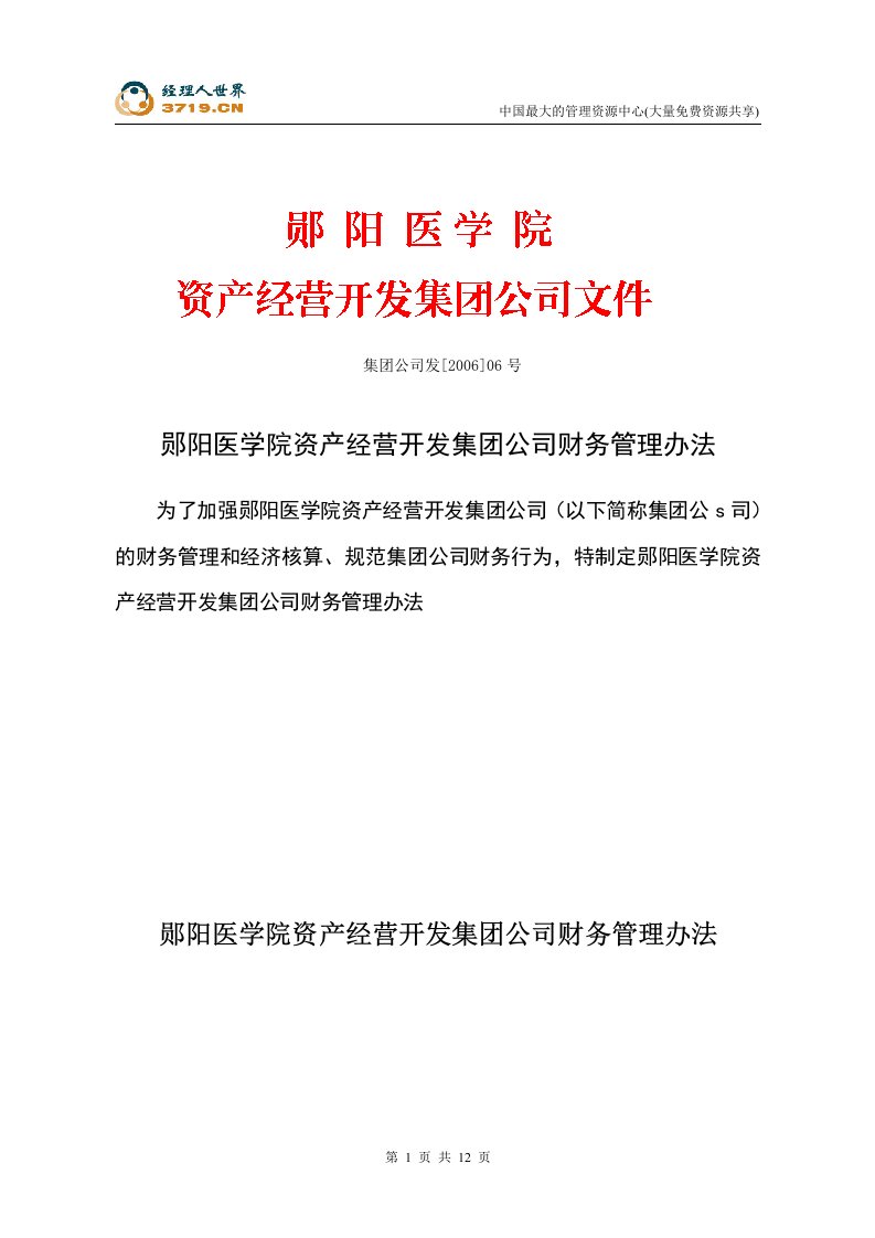 郧阳医学院资产经营开发集团公司财务管理办法(doc12)-财务制度表格