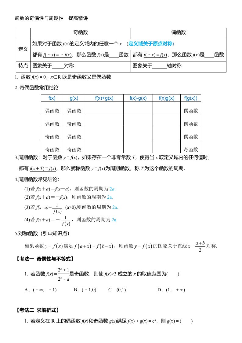 高一数学必修一函数周期性和奇偶性经典题型