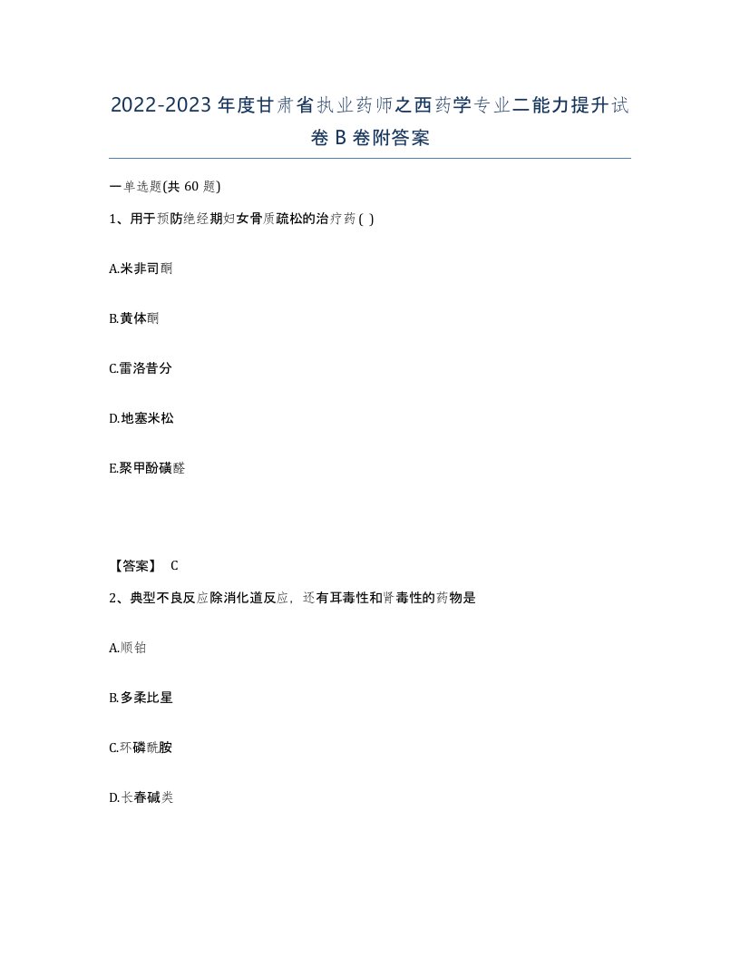 2022-2023年度甘肃省执业药师之西药学专业二能力提升试卷B卷附答案