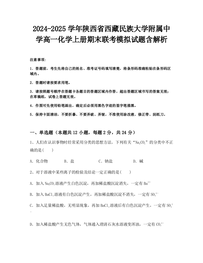 2024-2025学年陕西省西藏民族大学附属中学高一化学上册期末联考模拟试题含解析