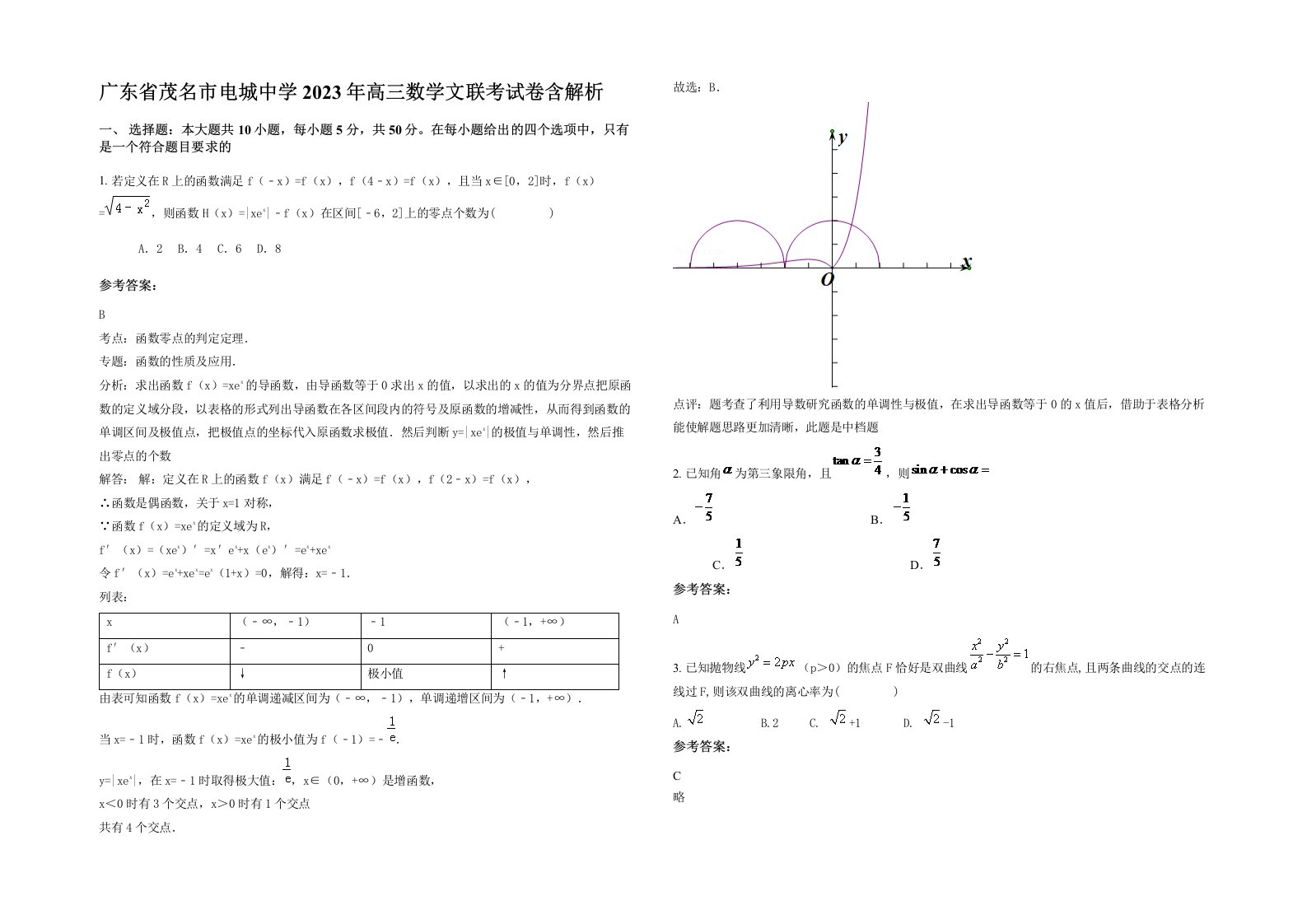 广东省茂名市电城中学2023年高三数学文联考试卷含解析