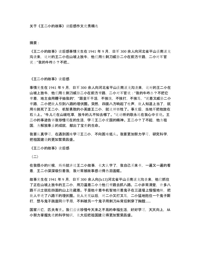 关于王二小的故事读后感作文优秀精选