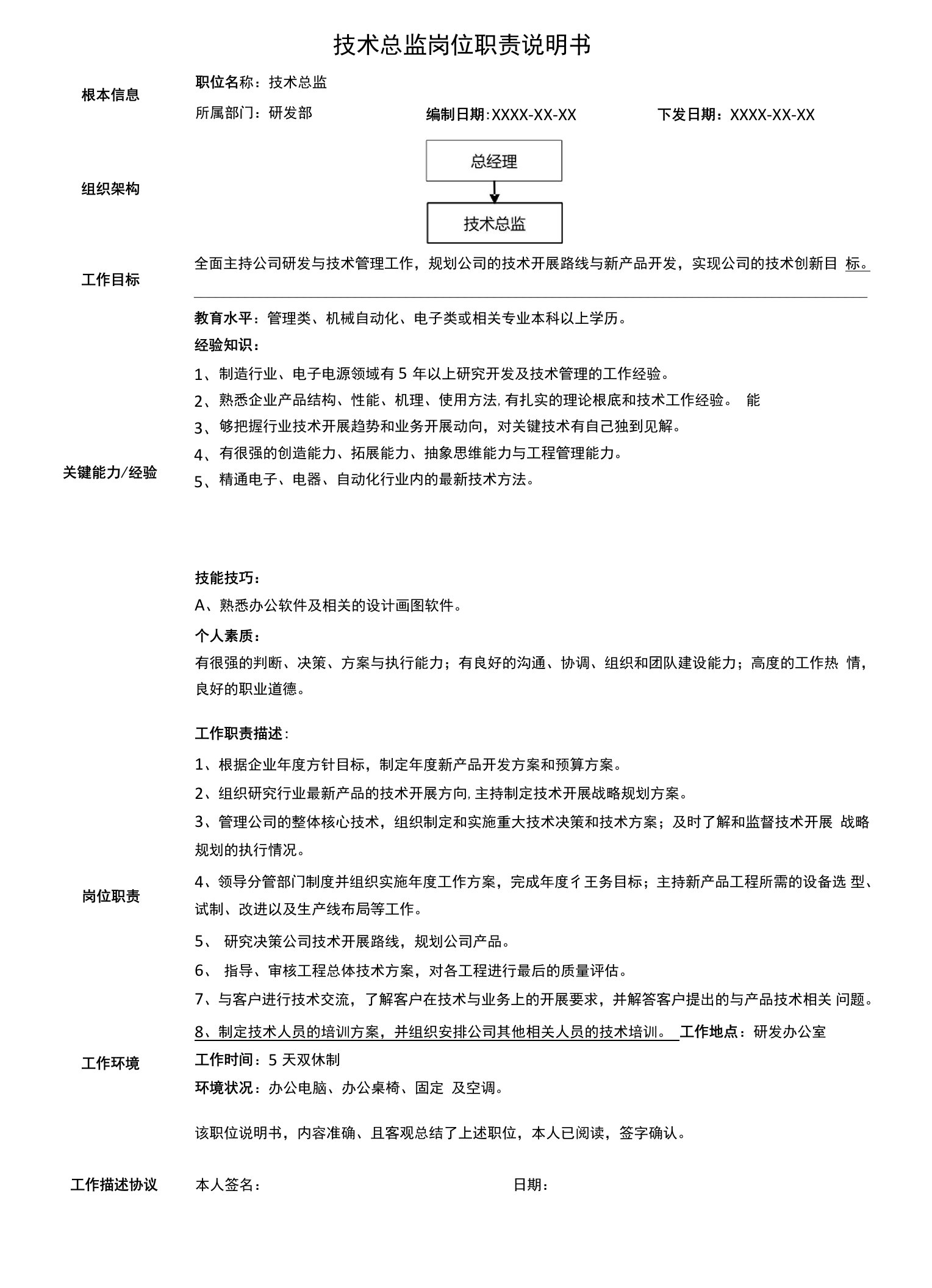 技术总监岗位职责说明书