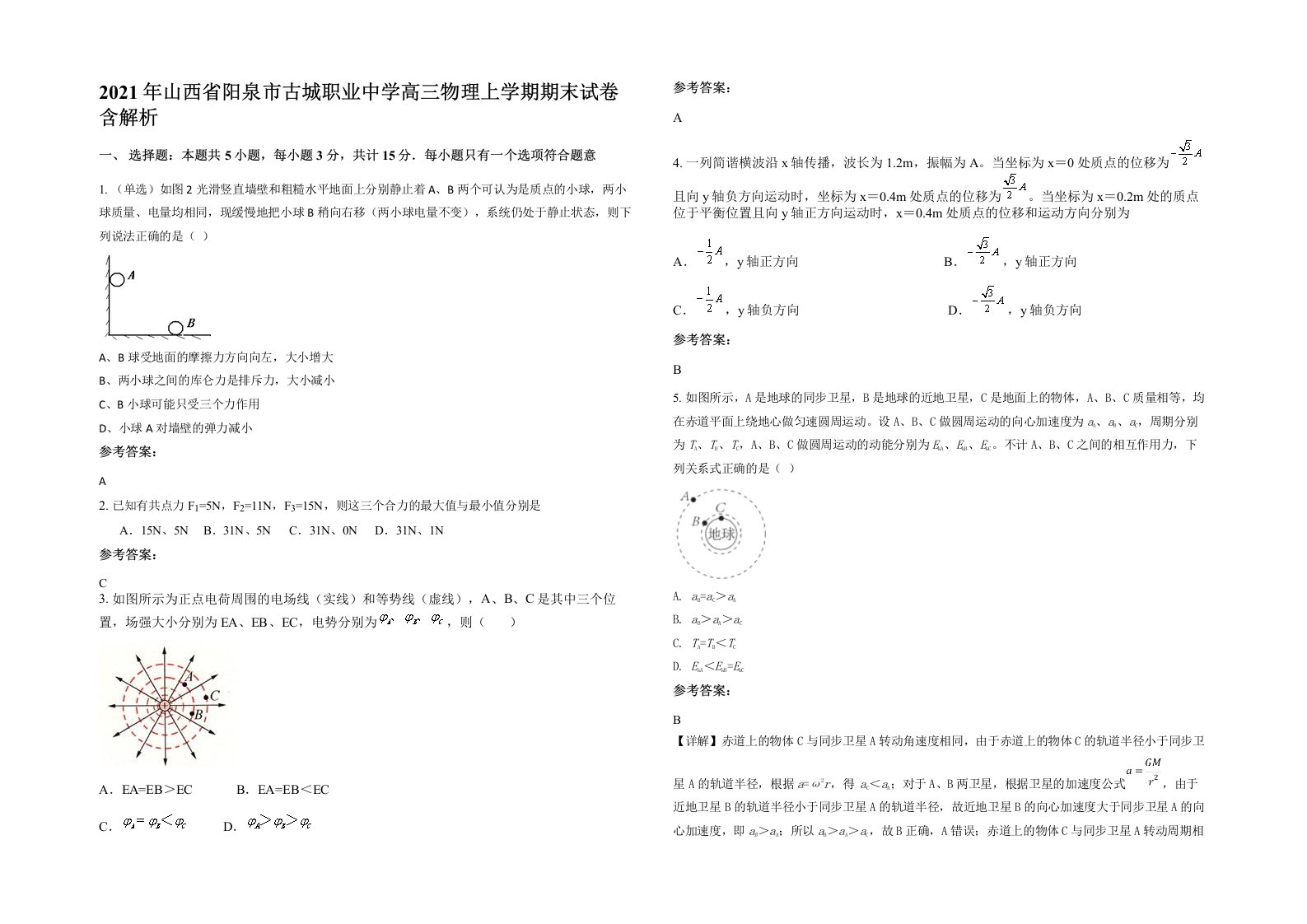 2021年山西省阳泉市古城职业中学高三物理上学期期末试卷含解析