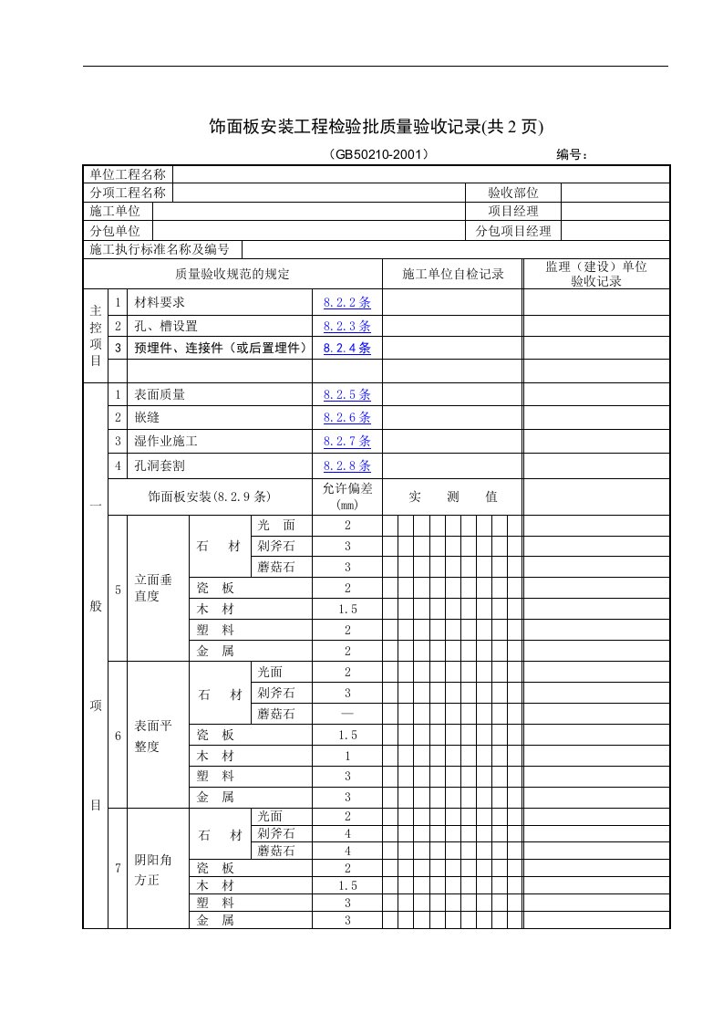 饰面板安装工程检验批质量验收记录