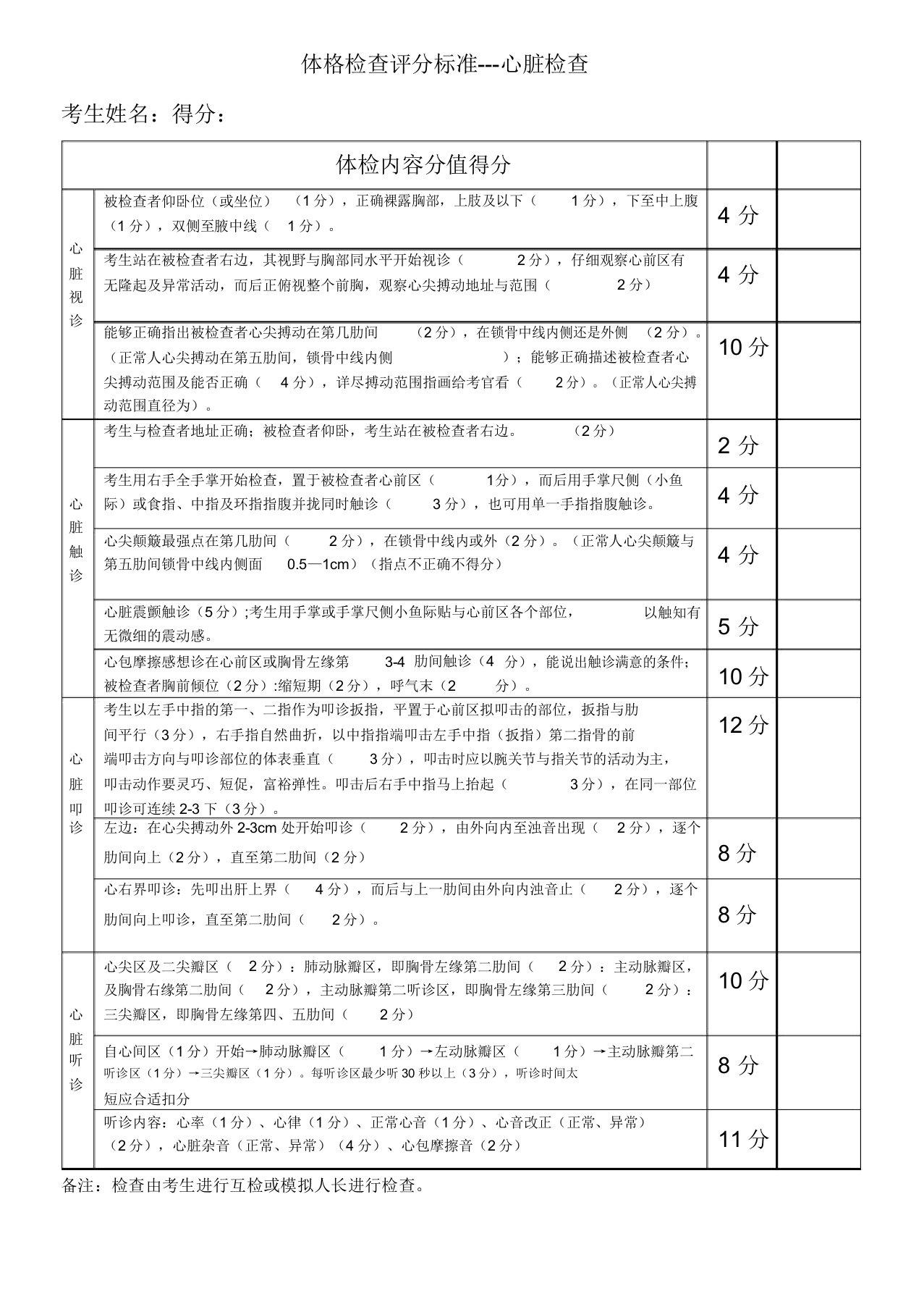 心脏体格检查评分标准