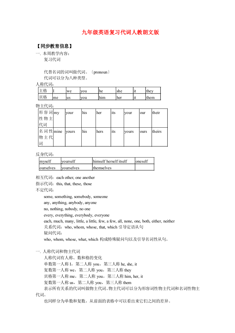 九年级英语复习代词人教朗文