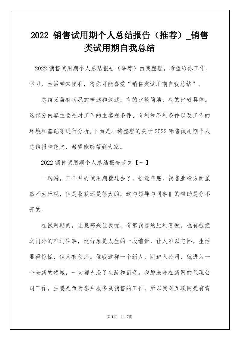 2022销售试用期个人总结报告推荐_销售类试用期自我总结