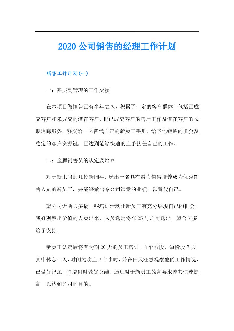 公司销售的经理工作计划