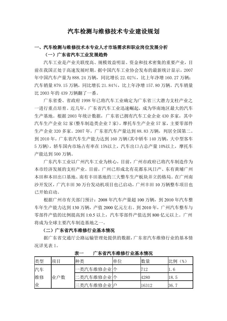 汽车检测与维修专业建设规划doc-汽车检测与维修专业人才