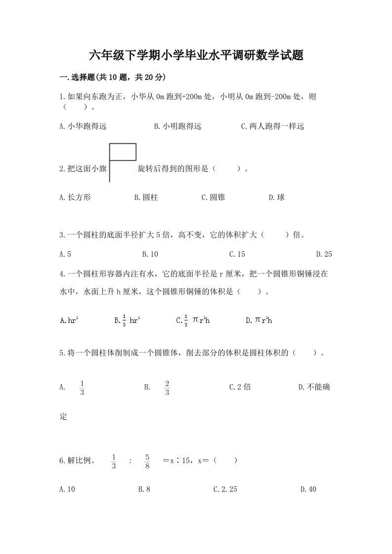 六年级下学期小学毕业水平调研数学试题附完整答案【夺冠系列】