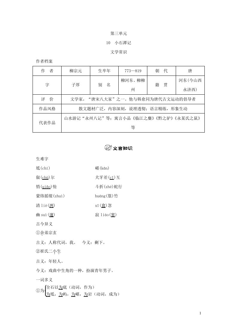 2024春八年级语文下册第三单元10小石潭记背记手册新人教版