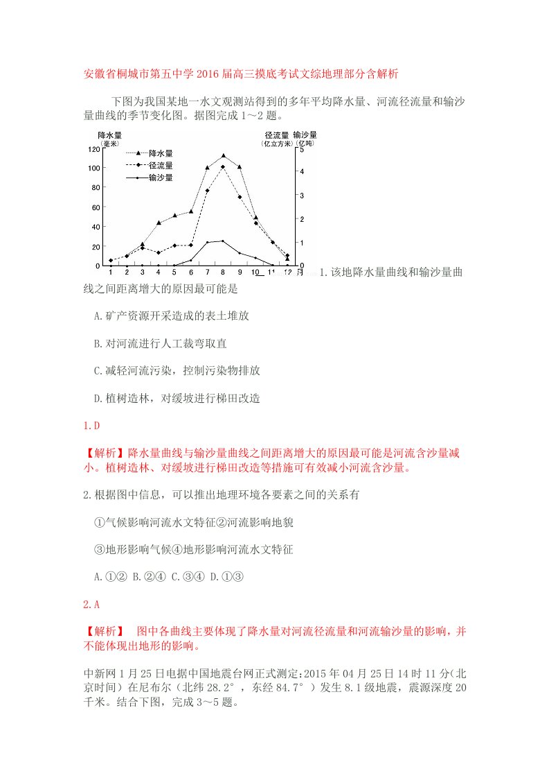 安徽省桐城市第五中学2016届高三摸底考试文综地理部分含解析