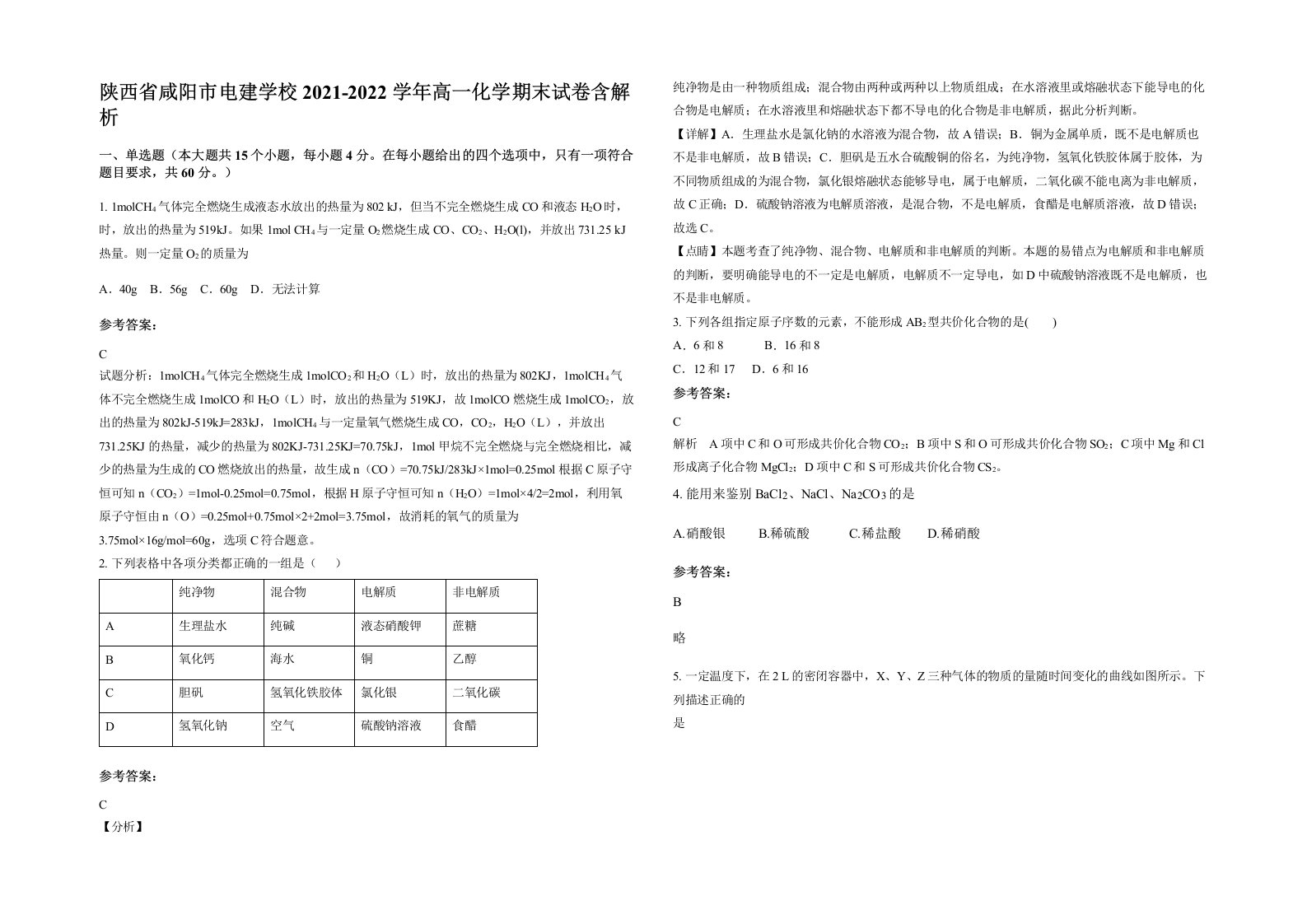 陕西省咸阳市电建学校2021-2022学年高一化学期末试卷含解析