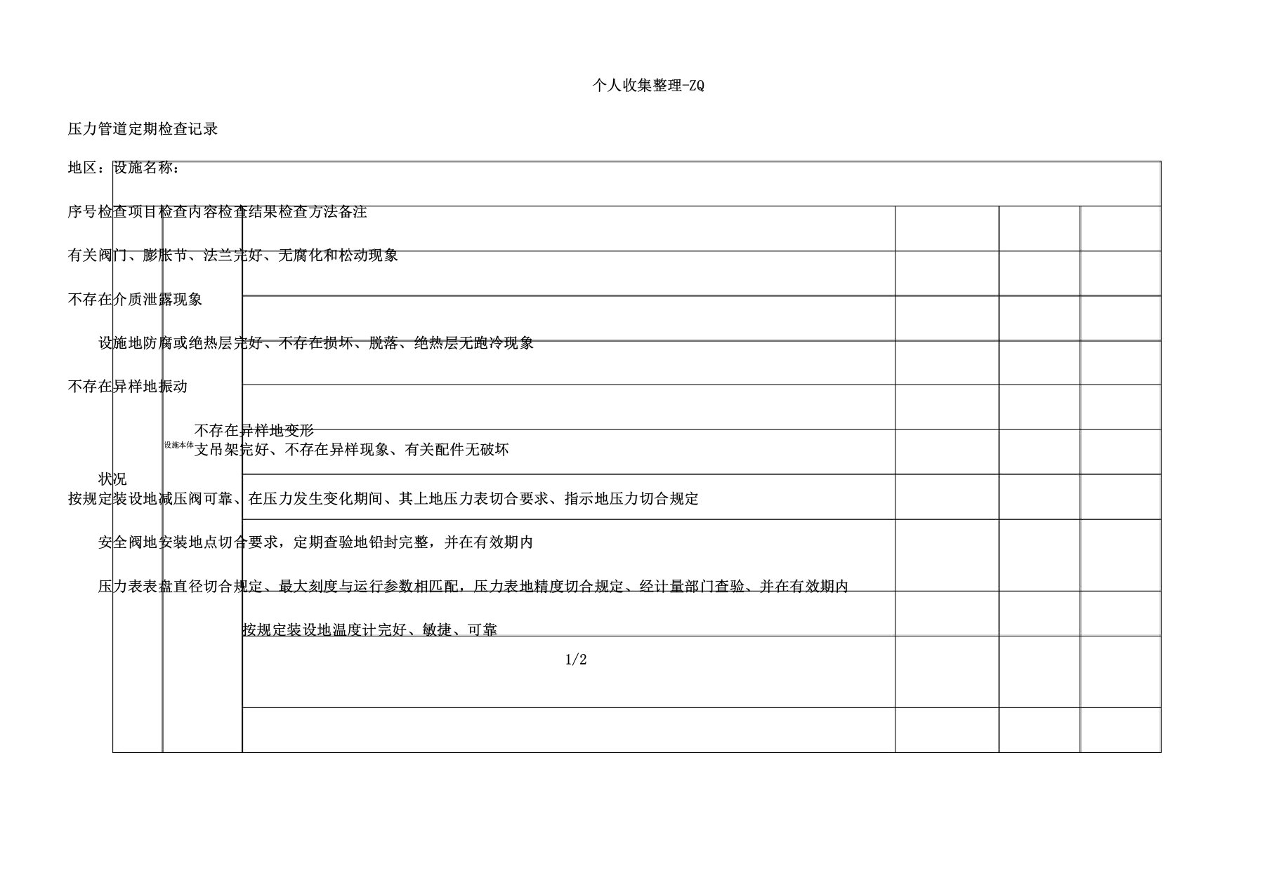 压力管道定期检查记录表格