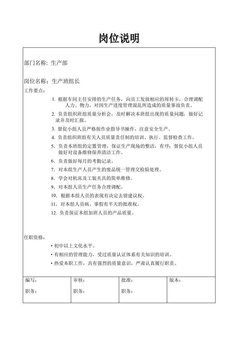 某大型汽配企业生产班组长岗位说明书