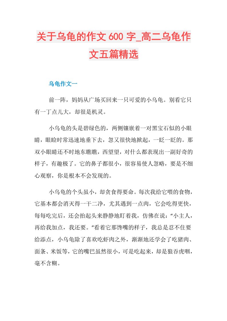 关于乌龟的作文600字高二乌龟作文五篇精选