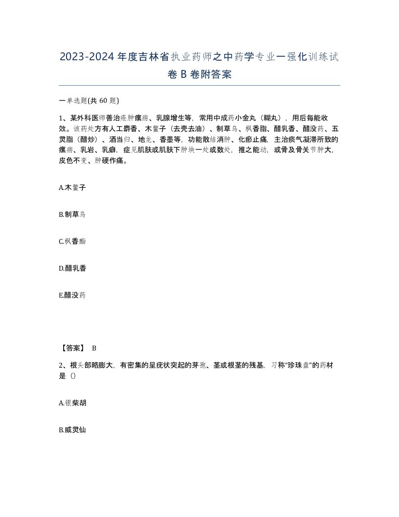 2023-2024年度吉林省执业药师之中药学专业一强化训练试卷B卷附答案