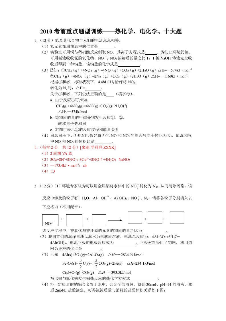 2012年高考化学考前重点题型：热化学、电化学、十大题