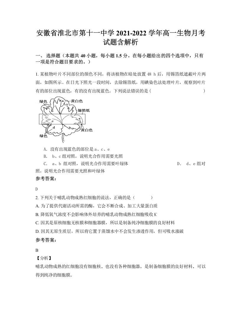 安徽省淮北市第十一中学2021-2022学年高一生物月考试题含解析