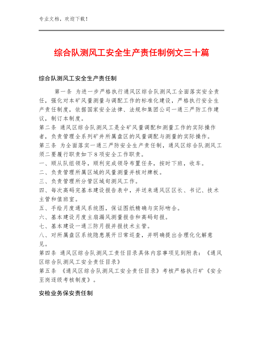 综合队测风工安全生产责任制例文三十篇