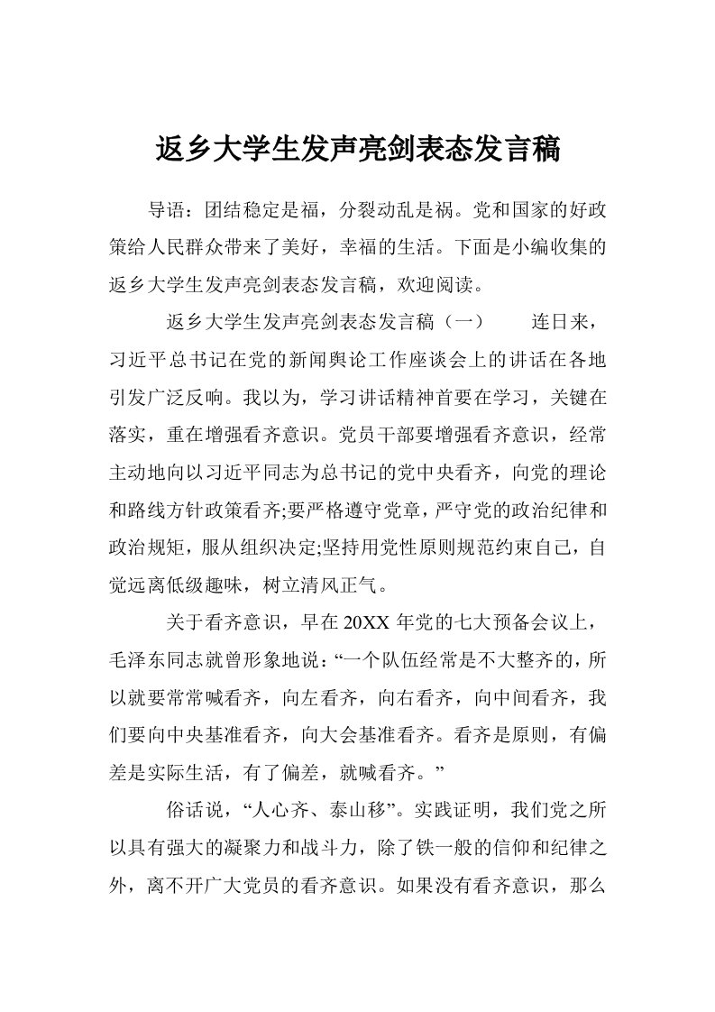 返乡大学生发声亮剑表态发言稿