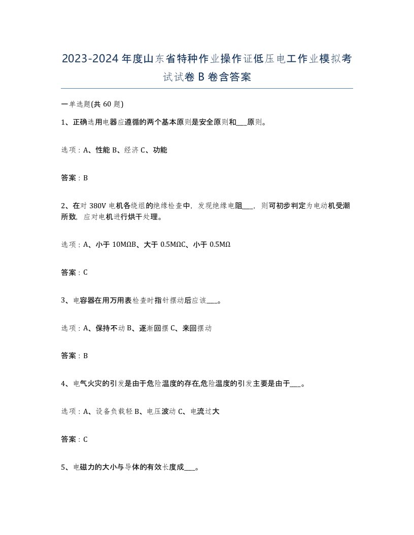 2023-2024年度山东省特种作业操作证低压电工作业模拟考试试卷B卷含答案