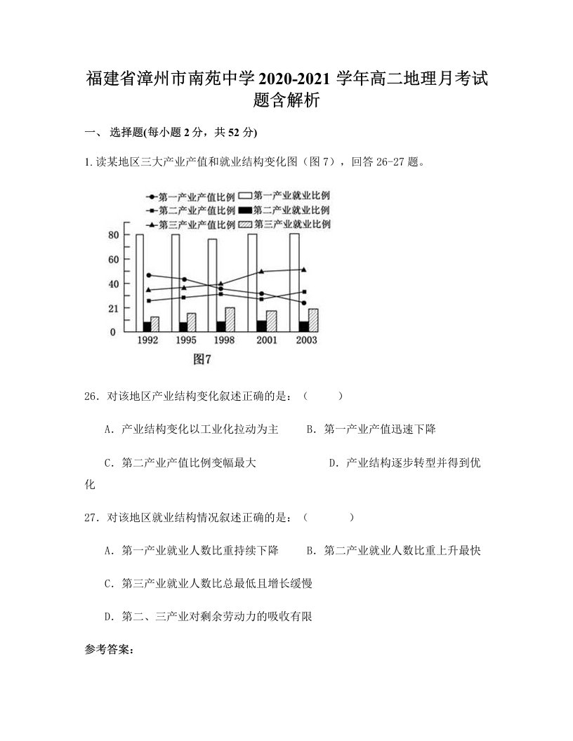 福建省漳州市南苑中学2020-2021学年高二地理月考试题含解析