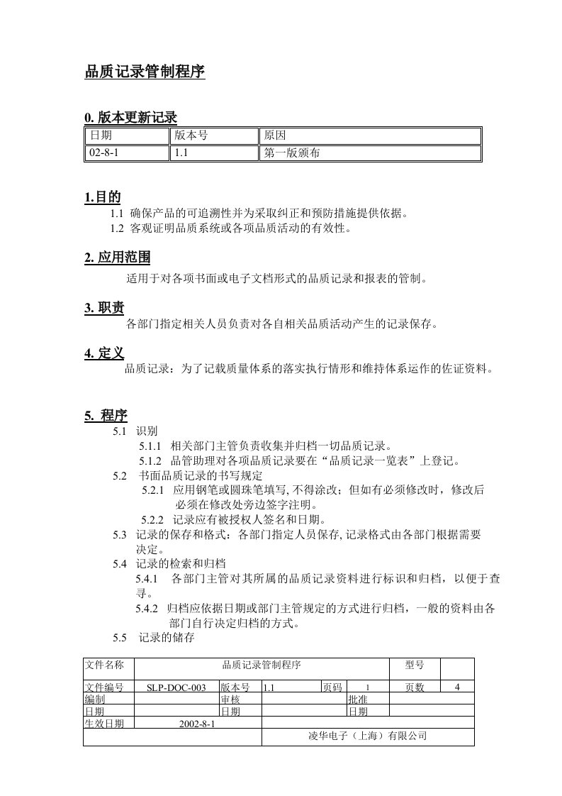 【管理精品】DOC-003品质记录管制程序