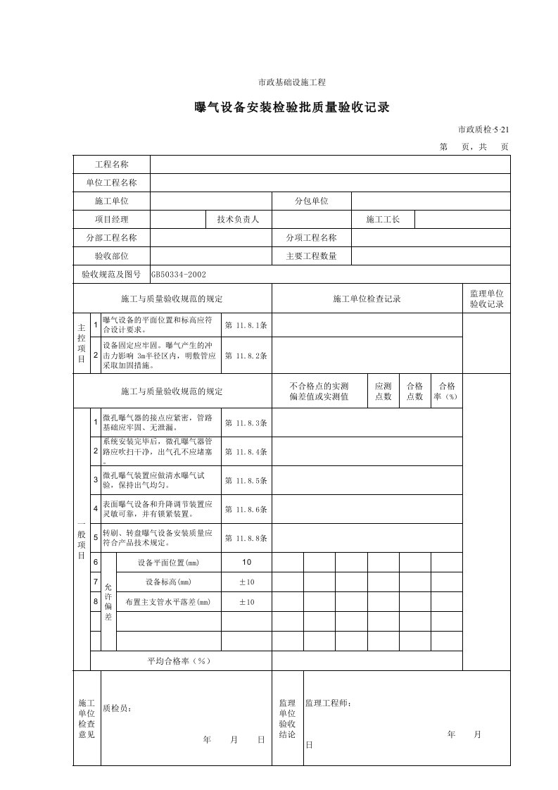 建筑工程-3521曝气设备安装检验批质量验收记录