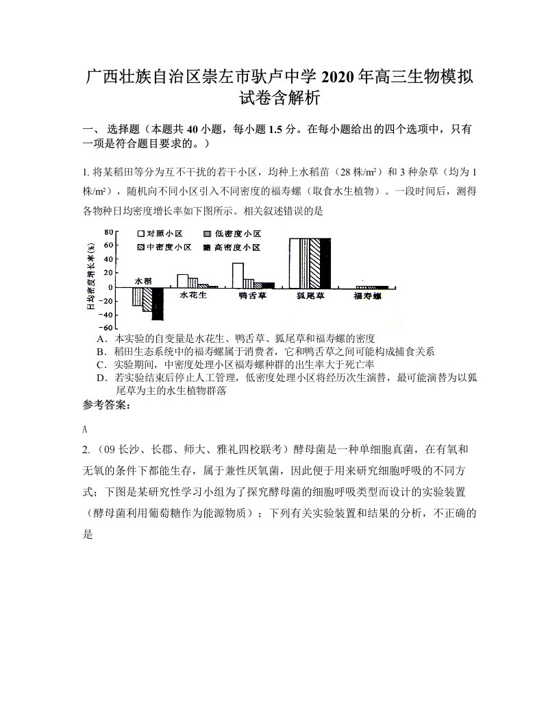 广西壮族自治区崇左市驮卢中学2020年高三生物模拟试卷含解析