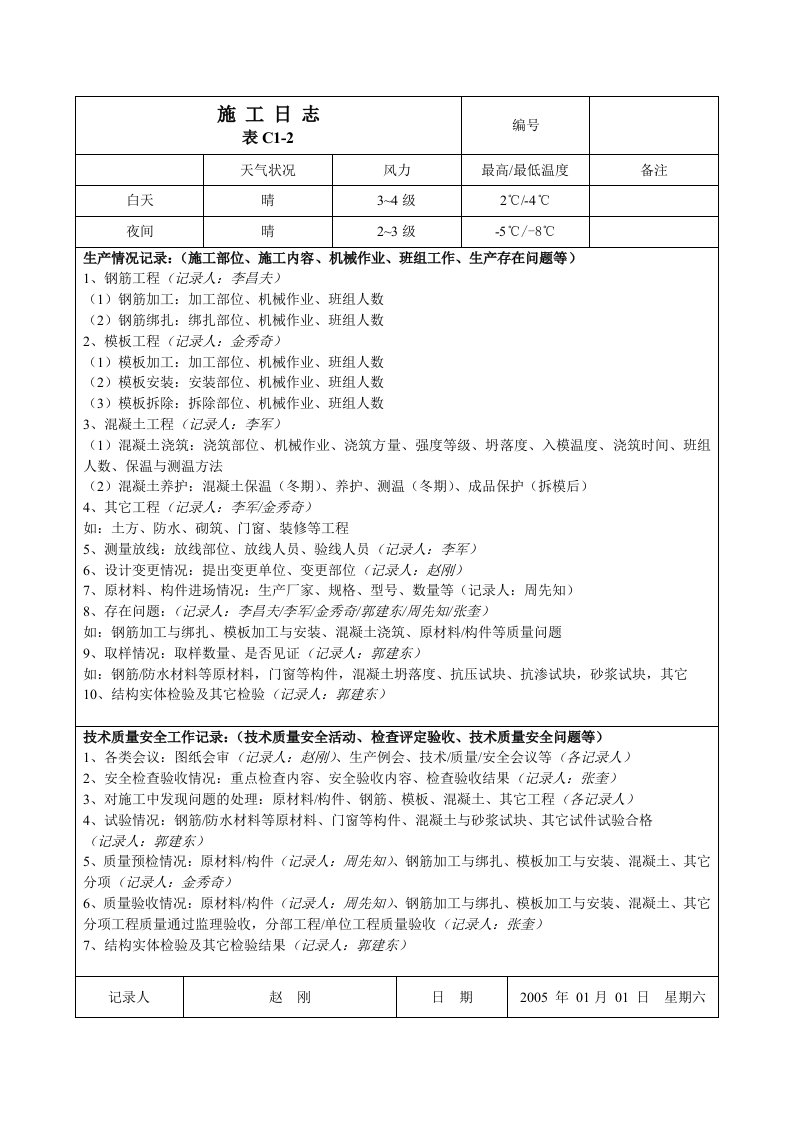 施工日志填写范例